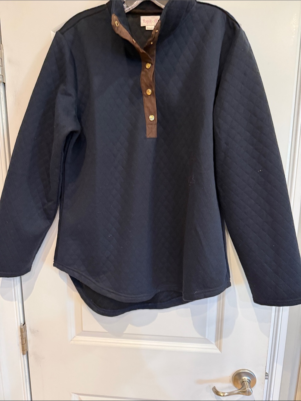 Top It Off Quilted Black Pullover with Brown Snap Placket and elbow patches